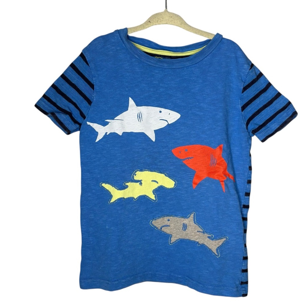 Mini Boden shark tshirt Blue Tee kids size 6 striped